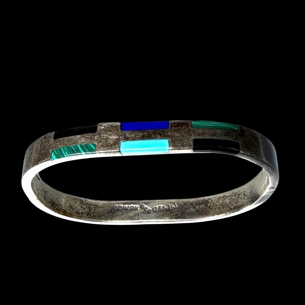 Taxco Mexico Sterling Silver Multi Stone Inlay Hinged Bangle Bracelet TN-150 38g